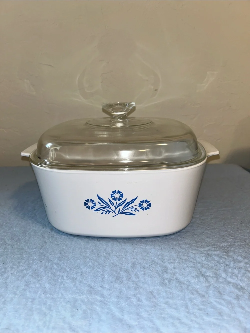 CorningWare casserole dish featuring the iconic Blue Cornflower pattern